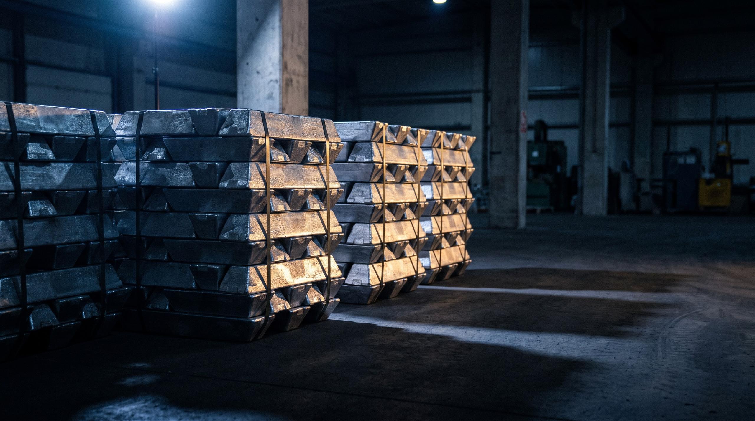 Primary aluminium ingots stacked in a warehouse