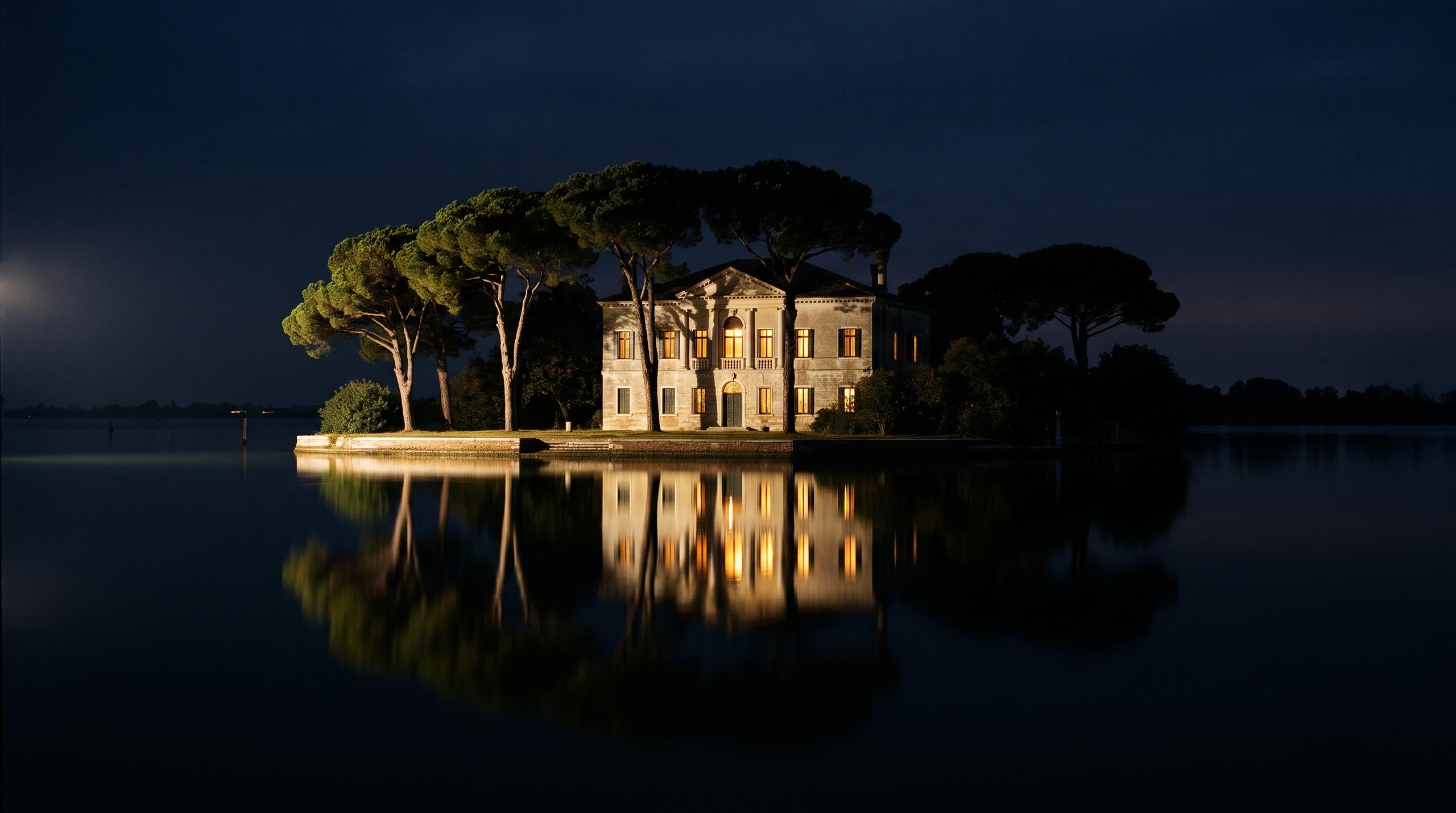A villa on a lagoon island at dusk