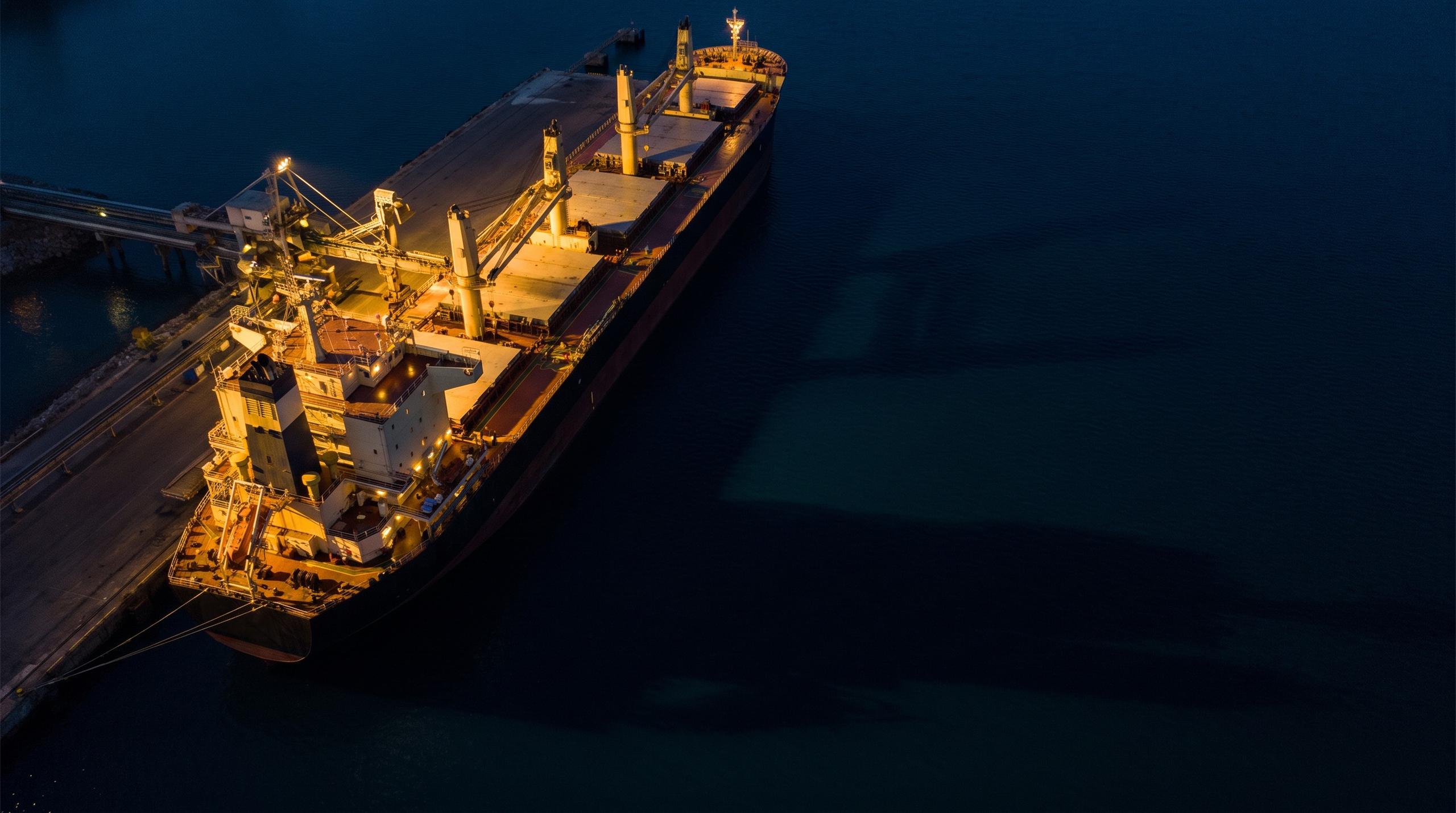 A bulk carrier moored at a deep-water port at dusk