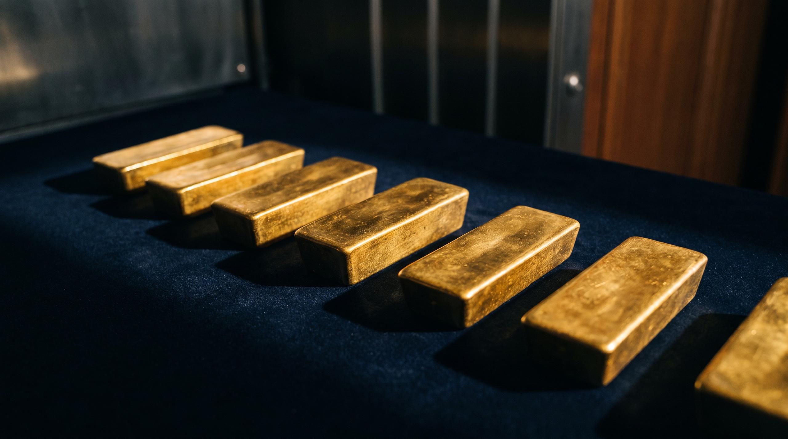 Gold bars on dark velvet in a vault